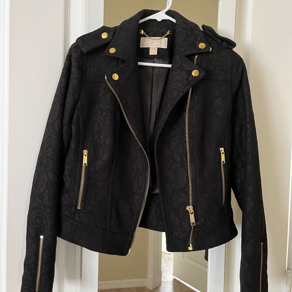 MICHAEL Michael Kors Black Lace Moto Jacket with Gold Hardware Accents